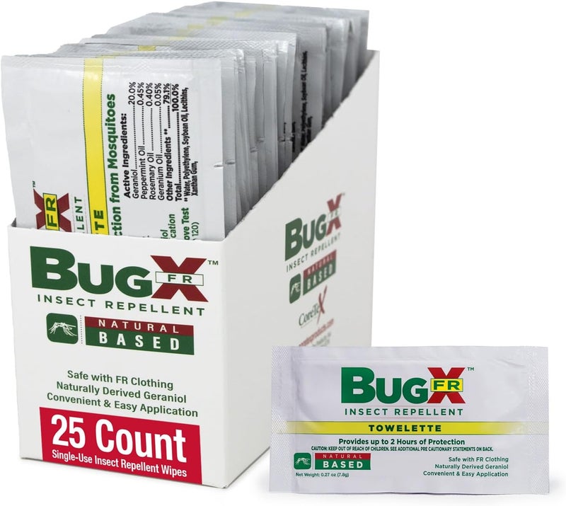 coretex Bug X FR DEET-Free Insect Repellent Wipes - Pack of 25 Single-Use, Naturally Derived Geranium Oil Bug Wipes - Protects Against Mosquitoes - Travel Size Mosquito Repellent Towelettes - Image 1